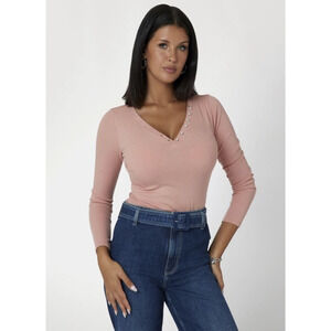 Guess Women Kyla Ribbed Henley Long-Sleeve Top Satin Rose Size XL